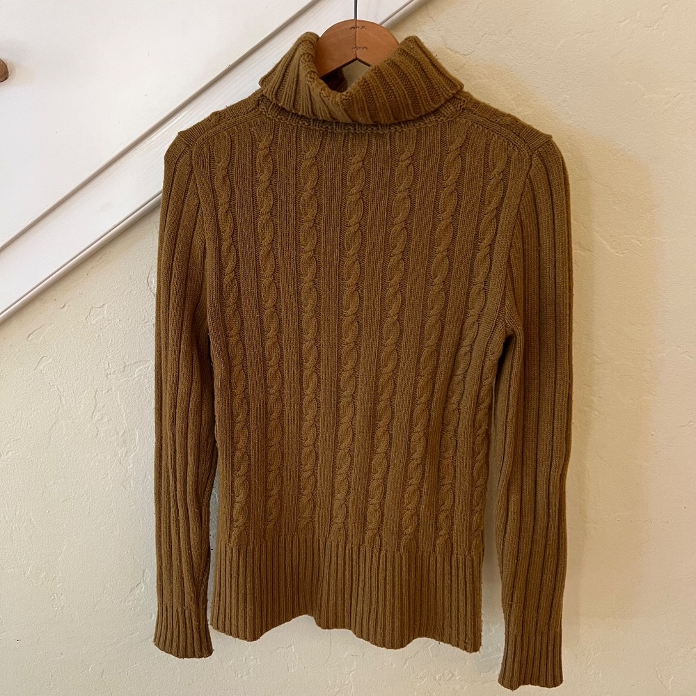 J. Crew Cable Knit Wool Turtleneck Sweater VTG M Oak Brown - Picture 2 of 5